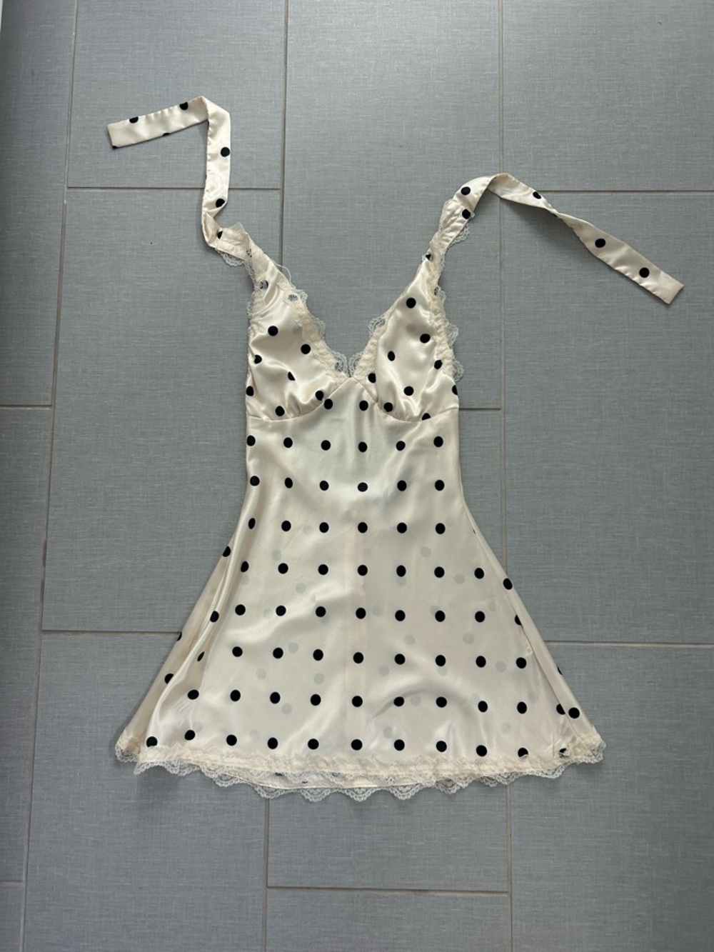 Lioness Ivory Satin Polka Dot Lace-Trim Dress